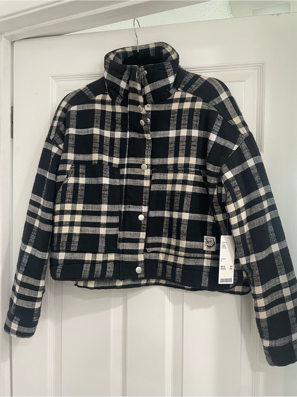 BDG Black & Cream Plaid Cropped Puffer Jacket